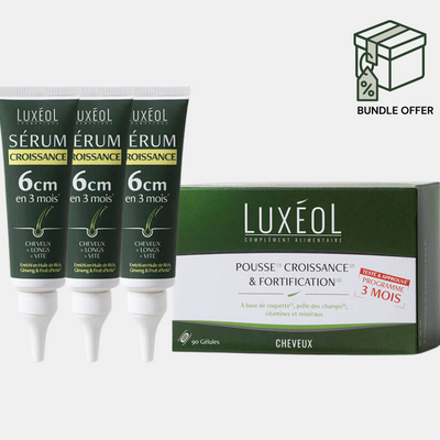 Luxéol hair growth serum tubes and packaging on a white background