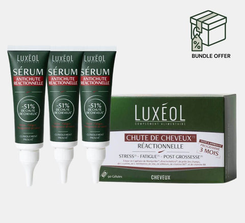 Luxeol hair loss treatment products with packaging on a white background