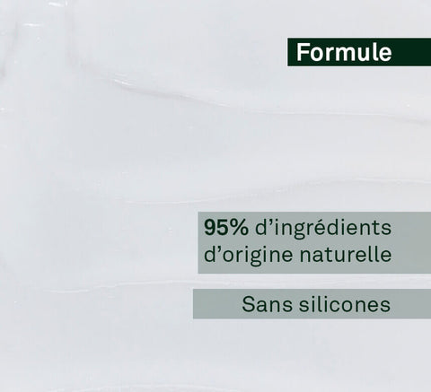 Texture close‑up with claim 95% natural‑origin ingredients, silicone‑free formula.