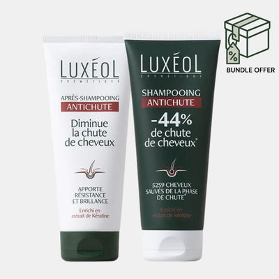 Two Luxéol hair care from anti hair loss products on a white background with a bundle offer icon.