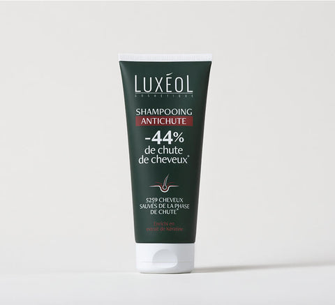 Luxéol Anti‑Hair Loss Shampoo 200 ml tube on minimal background, reduces hair loss by 44%.