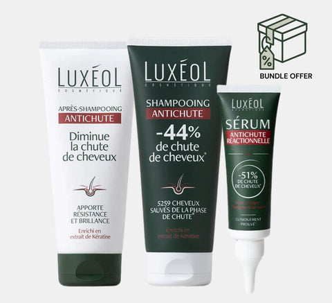 Luxéol hair care products from hair loss including shampoo, serum, and after-shampoo on a white background.