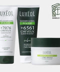 Luxéol hair care products including shampoo, conditioner, and mask on a white background with a bundle offer icon.