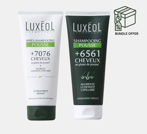 Two Luxéol hair density hair care products on a white background with a bundle offer icon.