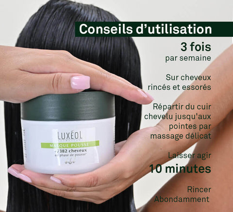 Close-up of a Luxéol hair mask product held by a person with dark hair and manicured nails, with product usage instructions.