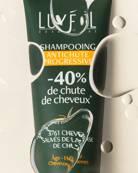 Luvéol shampooing antichute progressive bottle with text on a beige background