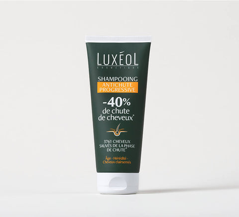 Luxéol Progressive Anti‑Hair Loss Shampoo 200 ml tube on minimal background, reduces hair loss by 40%