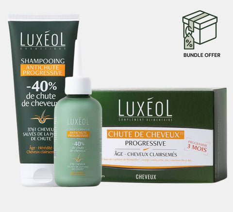 Luxéol hair care products including shampoo, bottle, and box on a white background from progressive hair loss