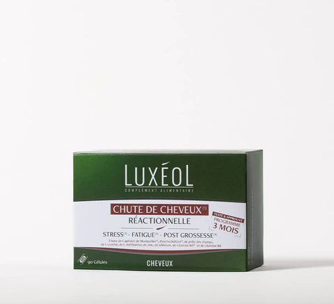 Luxéol Reactive Hair Loss 3‑month program box on minimal background, 90 capsules.