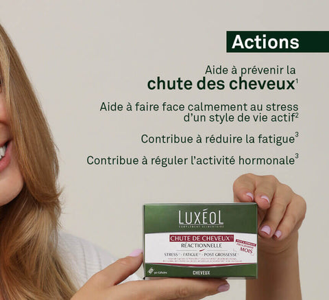 Holding Luxéol Reactive Hair Loss box highlighting help to prevent hair loss from stress, fatigue, post‑pregnancy.