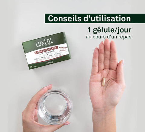 Usage tips visual with water glass and capsule: take 1 capsule per day with a meal, 3‑month course.