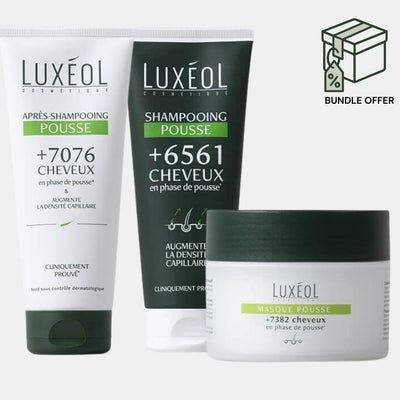 Luxéol hair care products including shampoo, conditioner, and mask on a white background with a bundle offer icon.