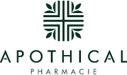 Apothical Pharmacie logo ar melnbaltu dizainu uz gaiša fona