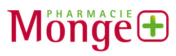 Pharmacie Monge logo with red text and green plus sign on a white background