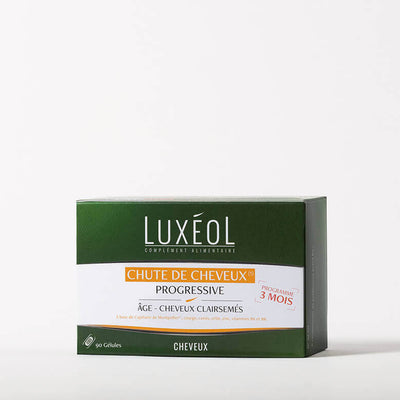 Luxéol Progressive Hair Loss 3‑month program box, 90 capsules for thinning hair over time.