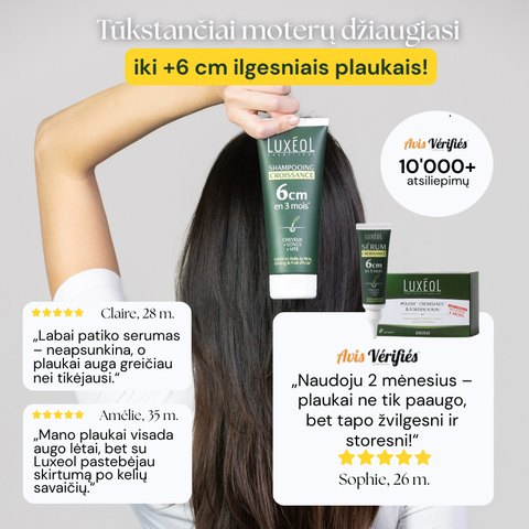 Luxéol matu kopšanas produkti ar personu, kas tur matus, atsauksmes un produkta iepakojums.