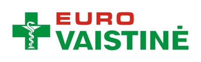 Logo of Euro Vaistine with a green cross and red text on a white background