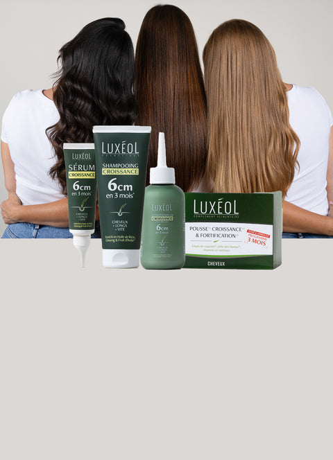 Three women with different hair colors sitting behind Luxéol hair care products.