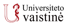 Logo Universiteto Vaistine ar sarkano 'U' uz baltā fona